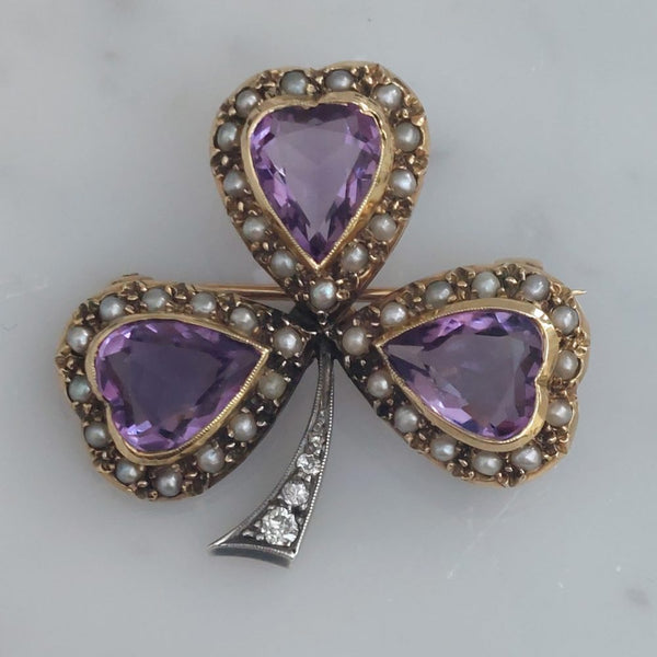 Antique Victorian Amethyst Shamrock Brooch