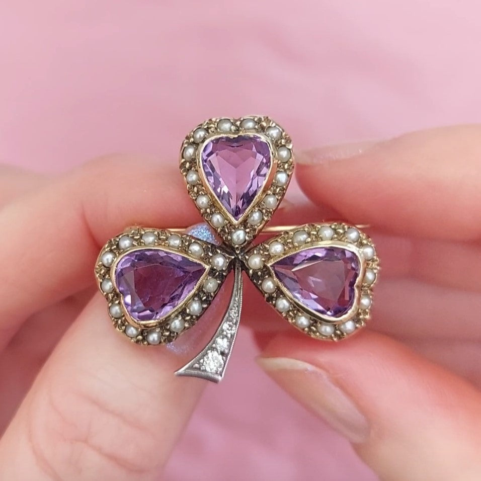 Antique Victorian Amethyst Shamrock Brooch