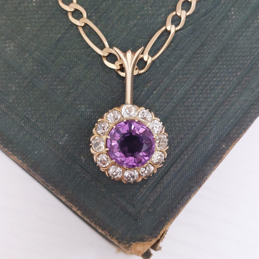Antique Victorian Amethyst and Old Cut Diamond Pendant Necklace