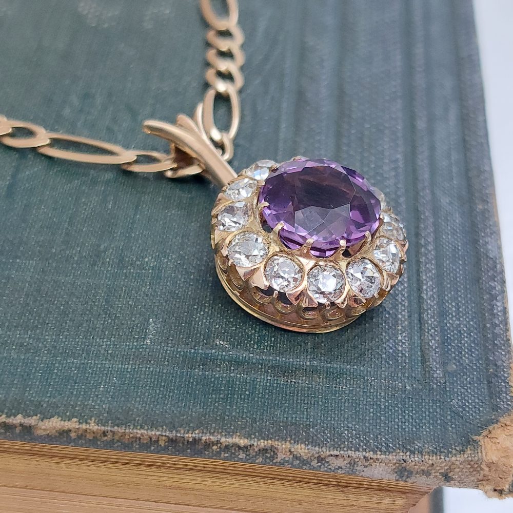Antique Victorian Amethyst and Old Cut Diamond Pendant Necklace