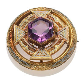 Antique Victorian Amethyst and White Enamel Gold Brooch