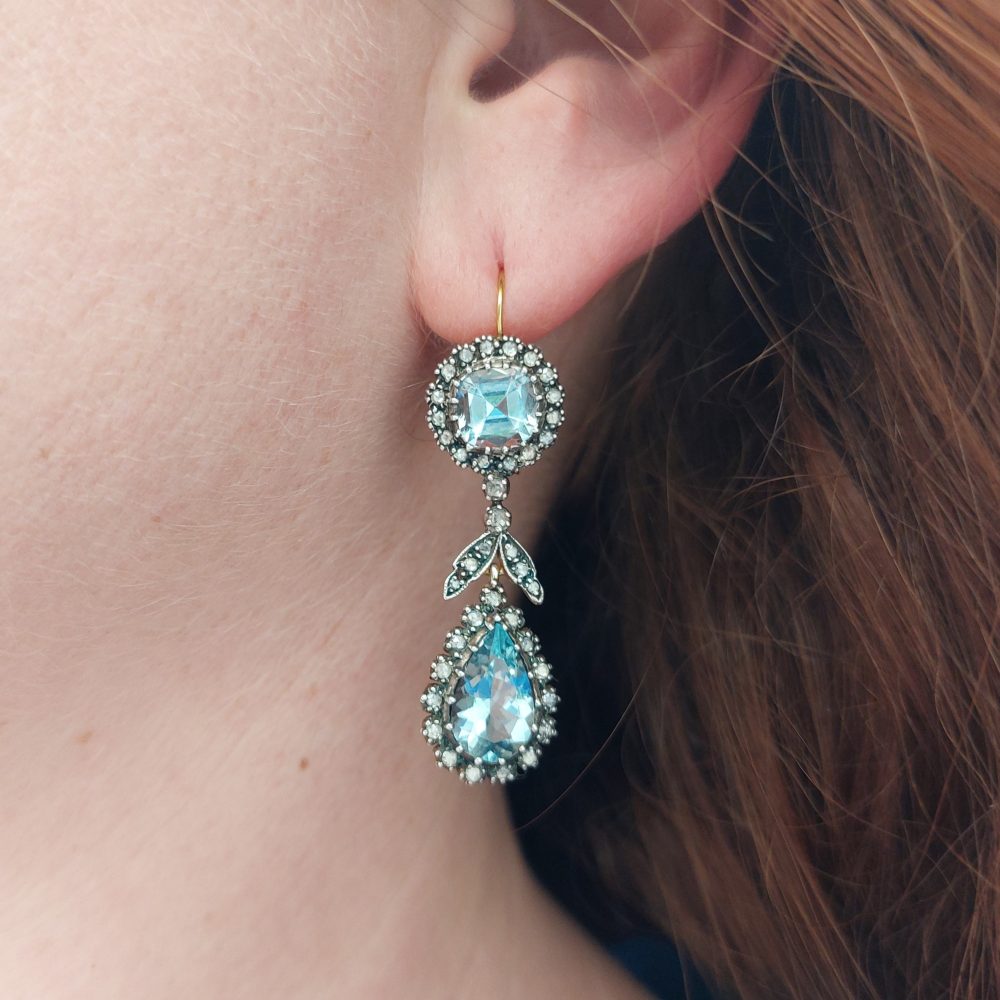 Antique Victorian Aquamarine and Diamond Drop Earrings