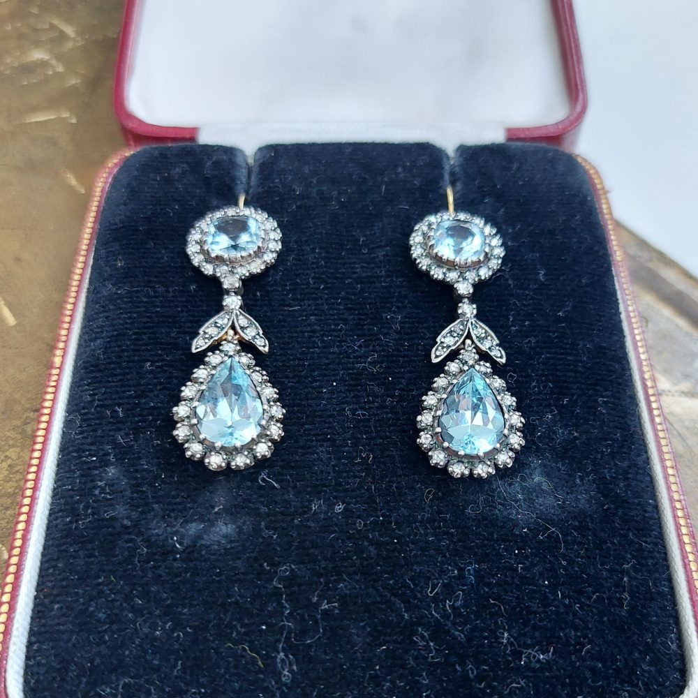 Antique Victorian Aquamarine and Diamond Drop Earrings