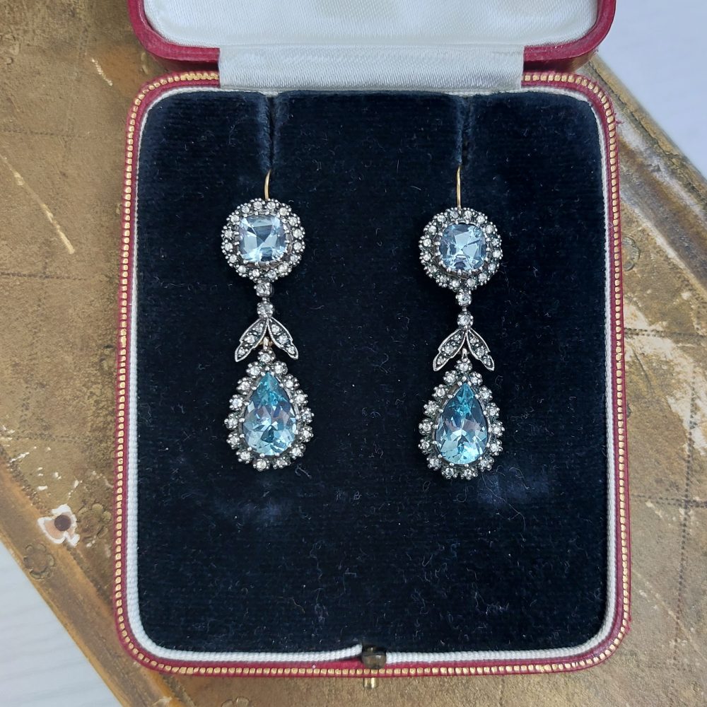 Antique Victorian Aquamarine and Diamond Drop Earrings