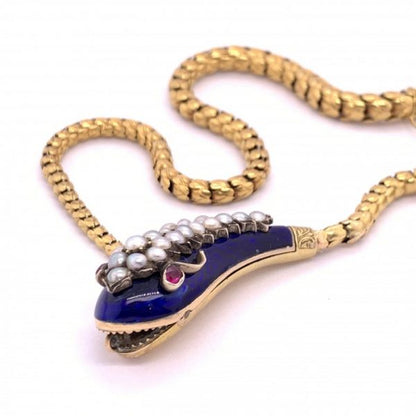 Antique Victorian Blue Enamel Gold Snake Necklace