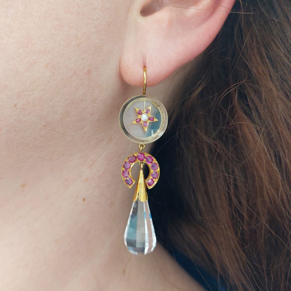 Antique Victorian Burmese Ruby and Rock Crystal Earrings