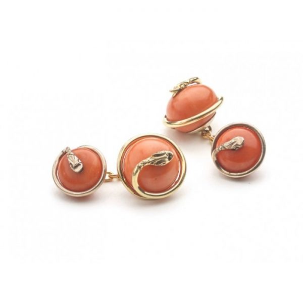 Antique Victorian Coral & Gold Snake Cufflinks