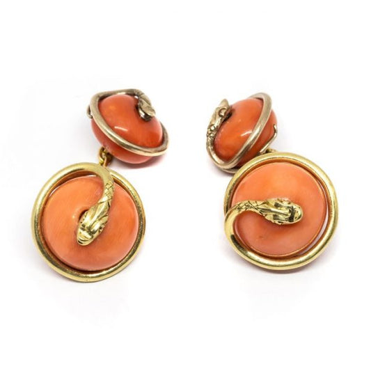 Antique Victorian Coral & Gold Snake Cufflinks