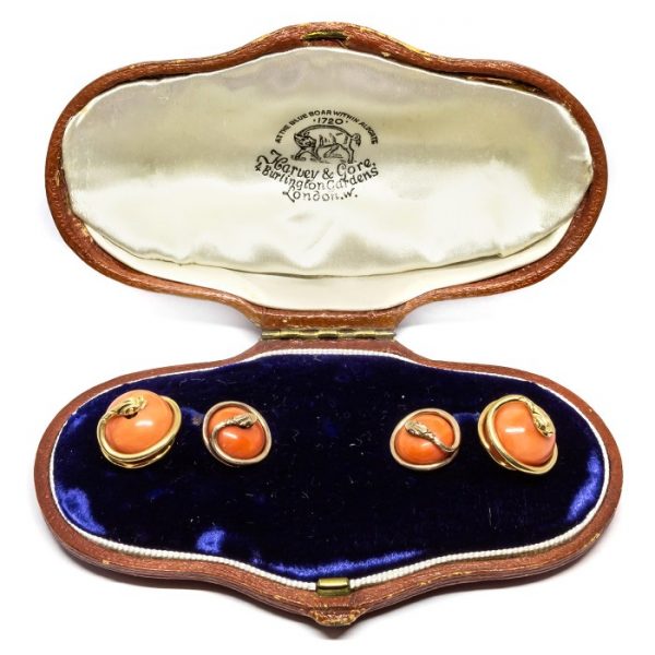 Antique Victorian Coral & Gold Snake Cufflinks