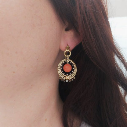 Antique Victorian Coral and Pearl Drop Earrings