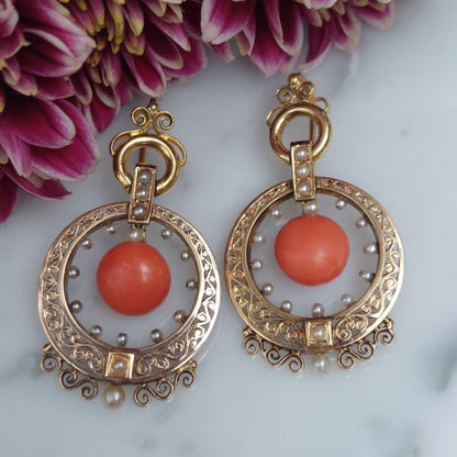 Antique Victorian Coral and Pearl Drop Earrings