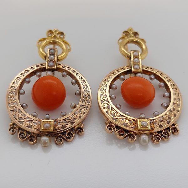 Antique Victorian Coral and Pearl Drop Earrings