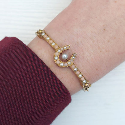 Antique Victorian Coral and Pearl Horseshoe Bangle Bracelet