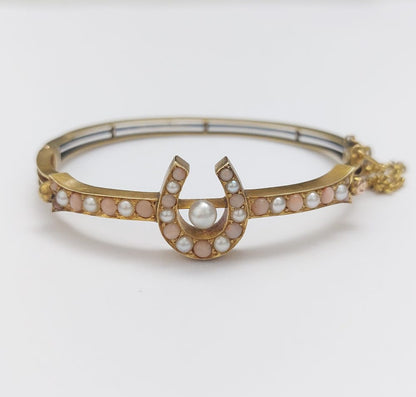 Antique Victorian Coral and Pearl Horseshoe Bangle Bracelet