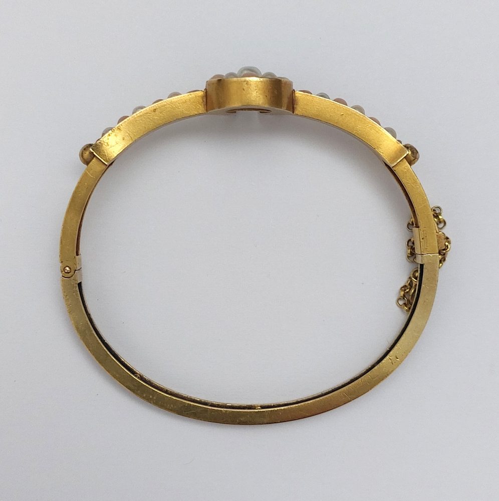 Antique Victorian Coral and Pearl Horseshoe Bangle Bracelet