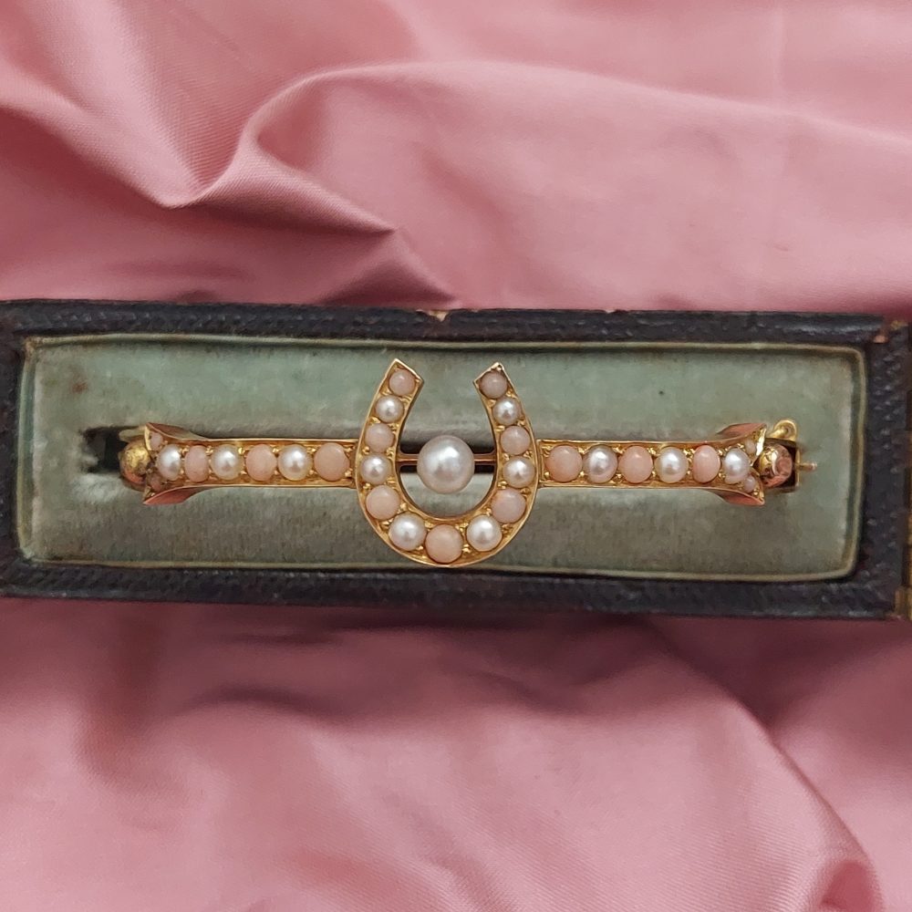 Antique Victorian Coral and Pearl Horseshoe Bangle Bracelet