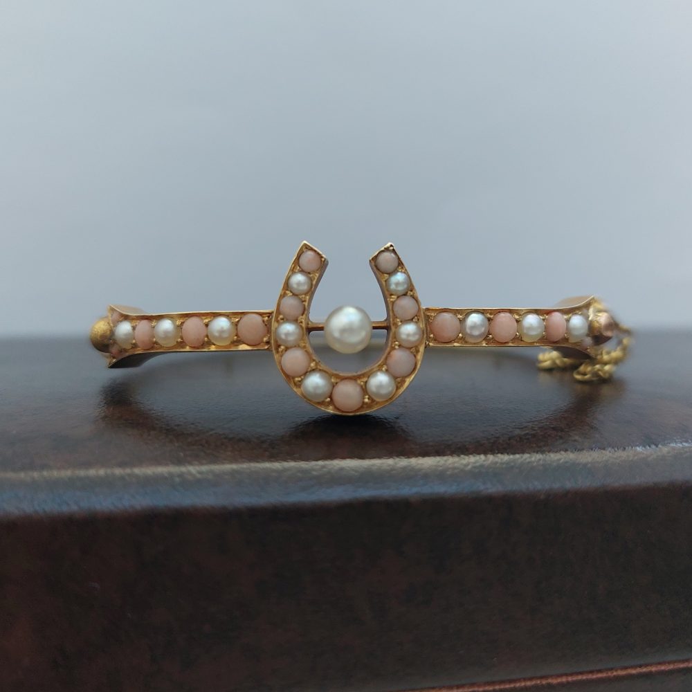 Antique Victorian Coral and Pearl Horseshoe Bangle Bracelet