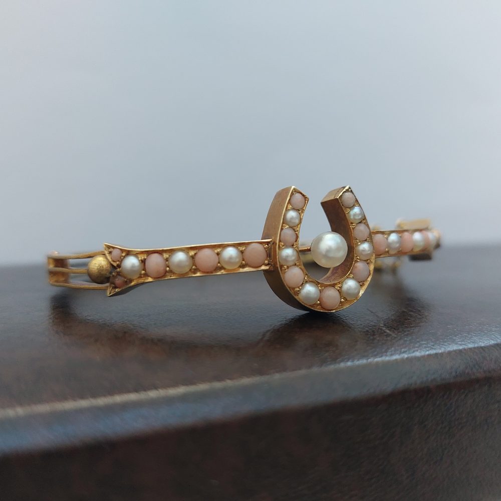 Antique Victorian Coral and Pearl Horseshoe Bangle Bracelet