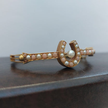Antique Victorian Coral and Pearl Horseshoe Bangle Bracelet