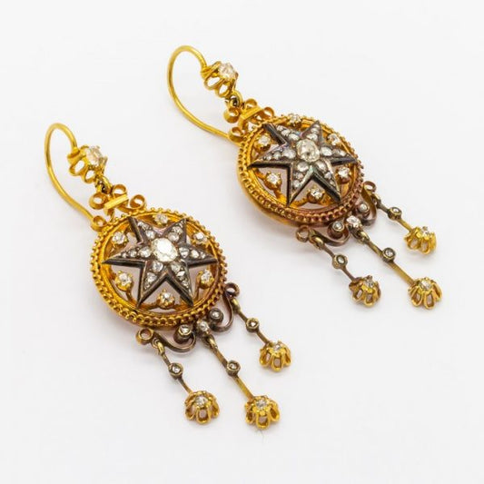 Antique Victorian Diamond Gold Enamel Brooch & Earrings Suite