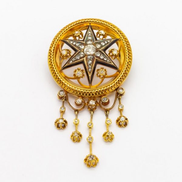 Antique Victorian Diamond Gold Enamel Brooch & Earrings Suite