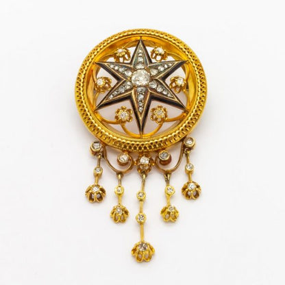 Antique Victorian Diamond Gold Enamel Brooch & Earrings Suite