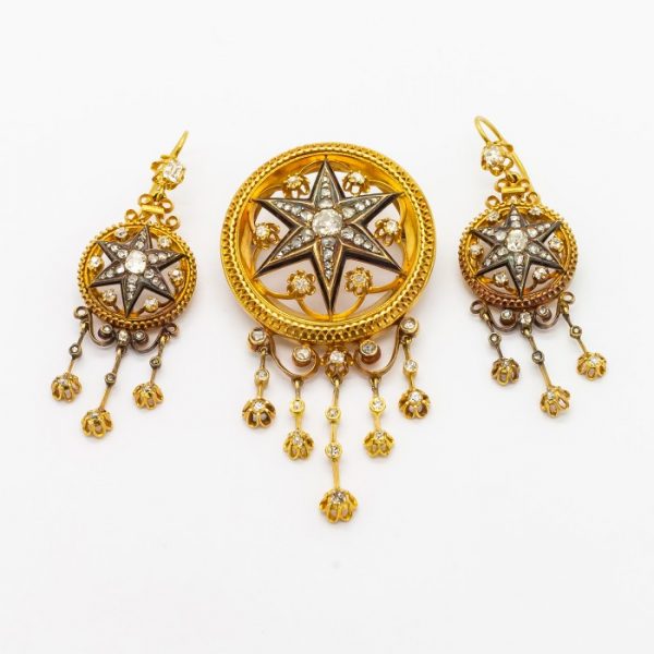 Antique Victorian Diamond Gold Enamel Brooch & Earrings Suite