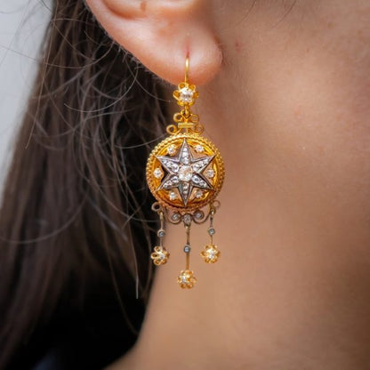 Antique Victorian Diamond Gold Enamel Brooch & Earrings Suite