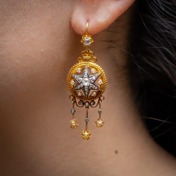 Antique Victorian Diamond Gold Enamel Brooch & Earrings Suite