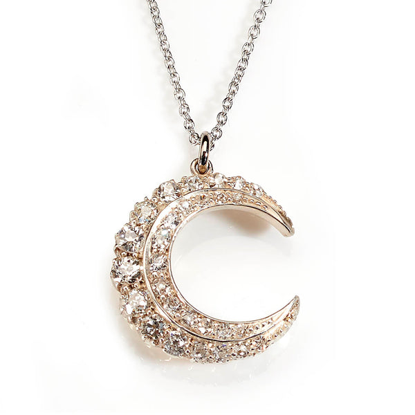 Antique Victorian Diamond Set Crescent Pendant with Chain