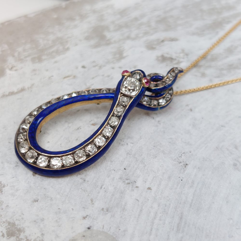 Antique Victorian Diamond and Blue Enamel Snake Pendant