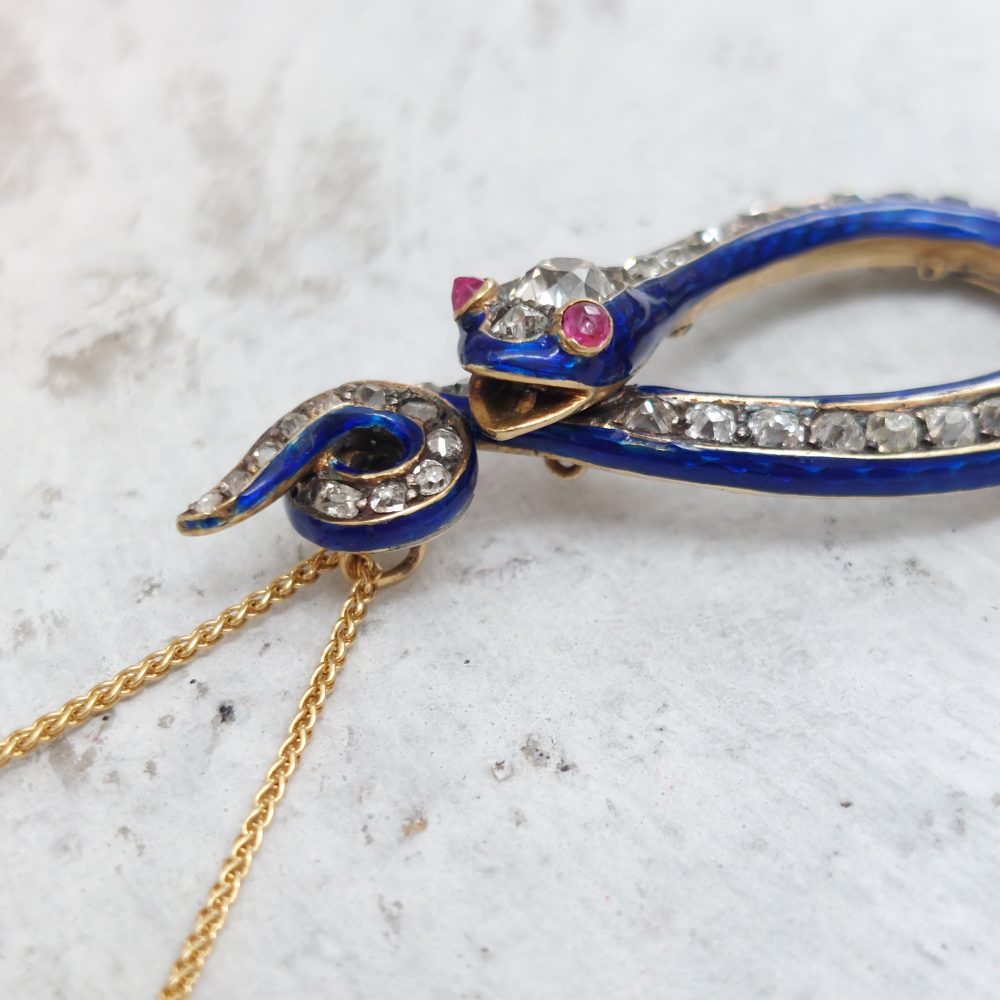 Antique Victorian Diamond and Blue Enamel Snake Pendant