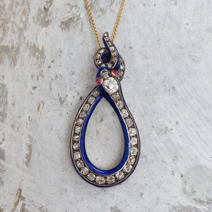 Antique Victorian Diamond and Blue Enamel Snake Pendant