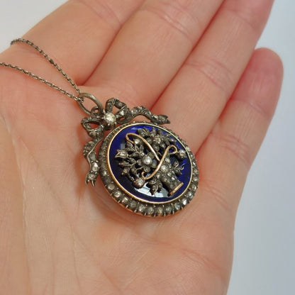 Antique Victorian Diamond and Bristol Glass Pendant Necklace