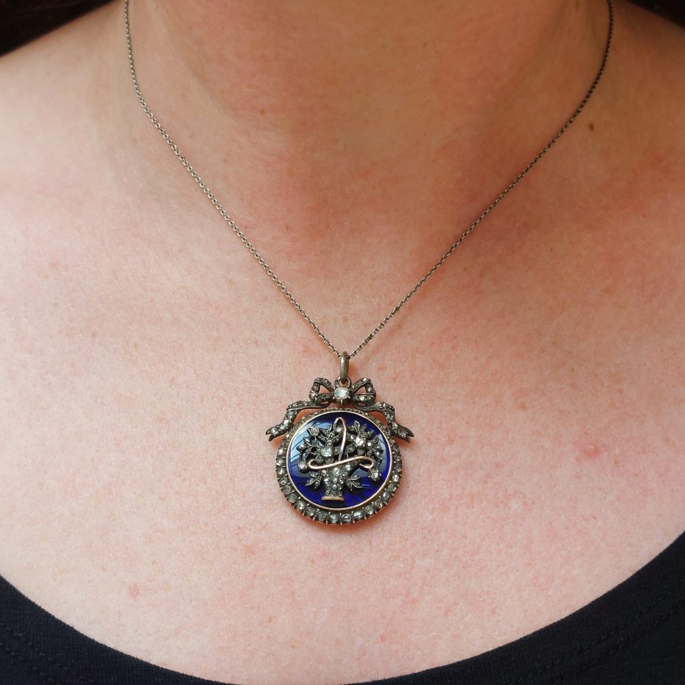 Antique Victorian Diamond and Bristol Glass Pendant Necklace