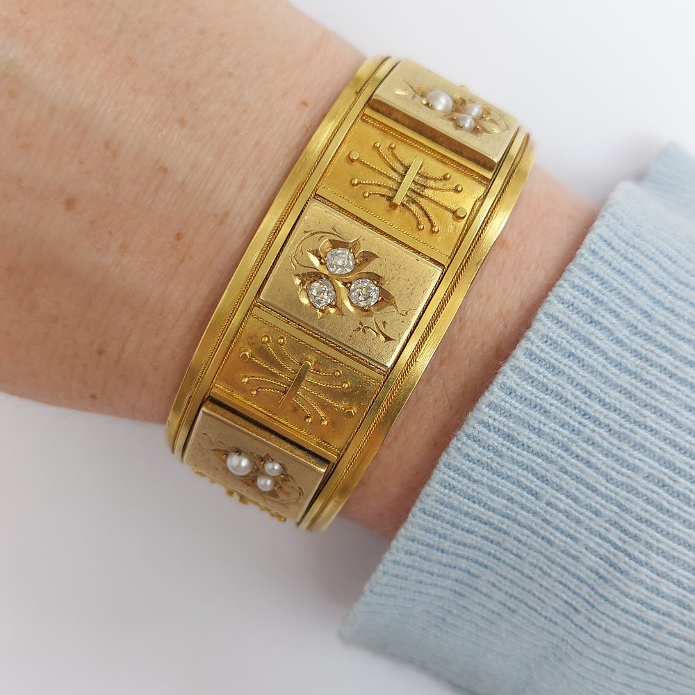 Antique Victorian Diamond and Pearl Bangle Bracelet