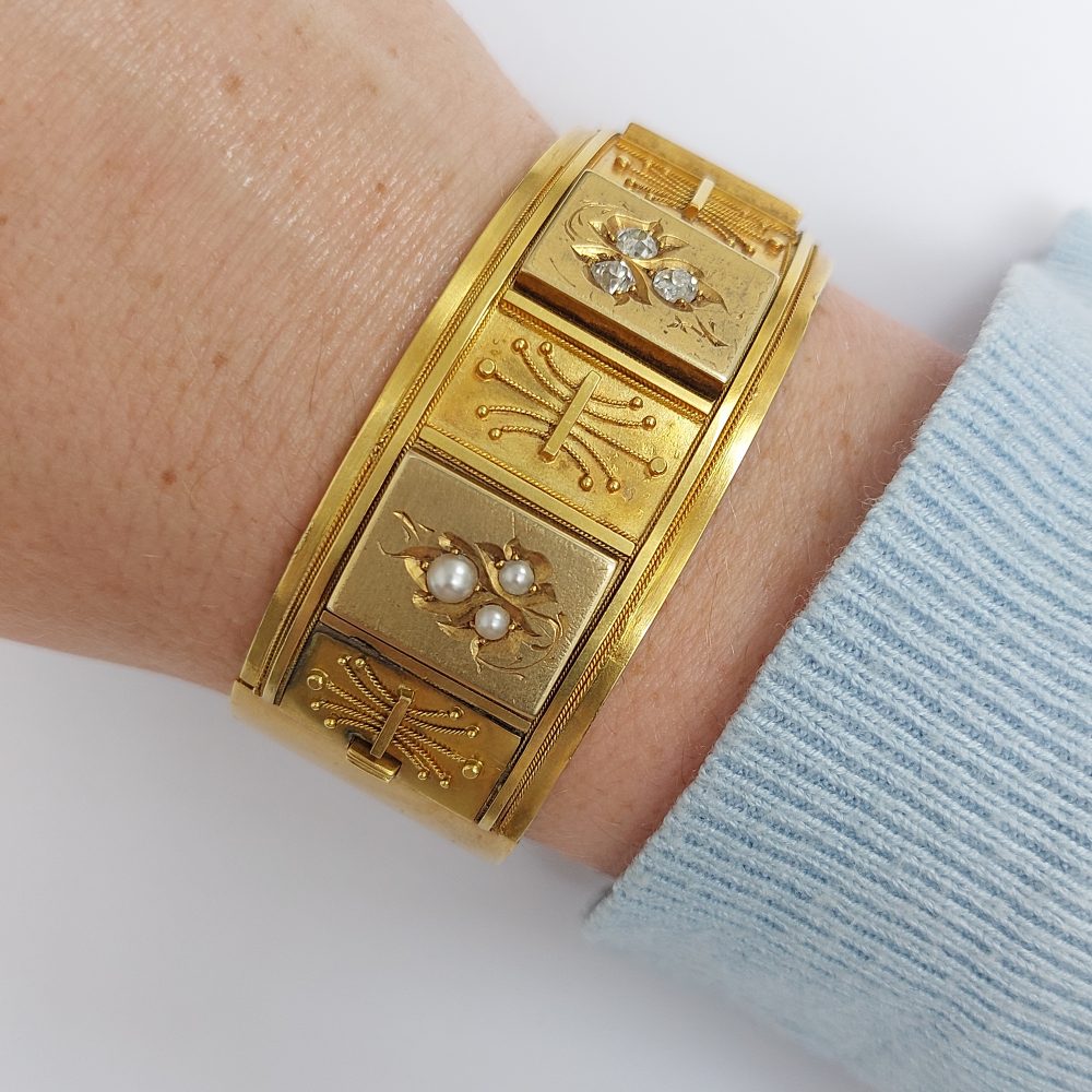 Antique Victorian Diamond and Pearl Bangle Bracelet