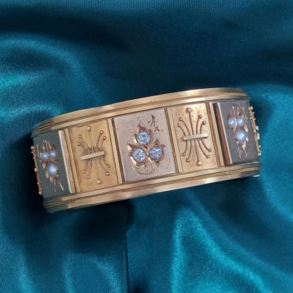 Antique Victorian Diamond and Pearl Bangle Bracelet