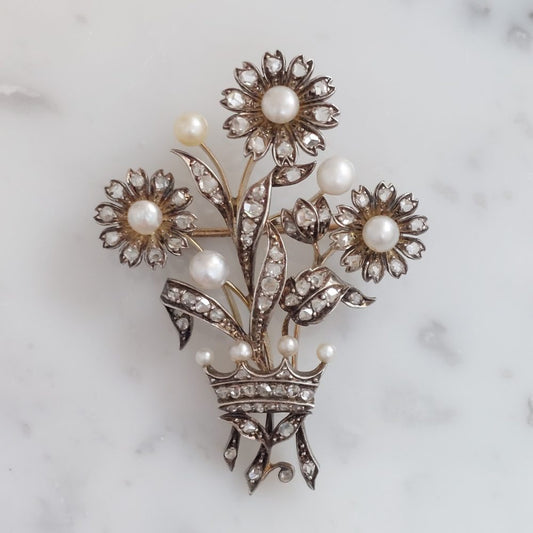 Antique Victorian Diamond and Pearl Floral Brooch