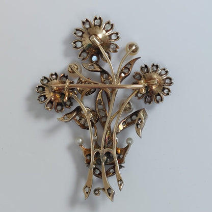 Antique Victorian Diamond and Pearl Floral Brooch