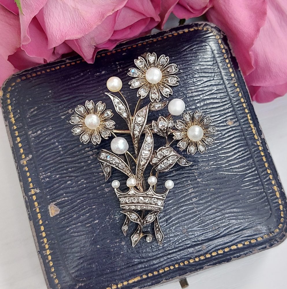 Antique Victorian Diamond and Pearl Floral Brooch