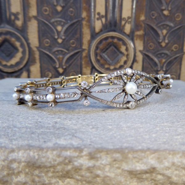 Antique Victorian Diamond and Pearl Panel Bracelet