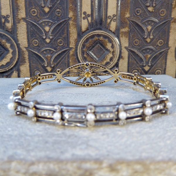 Antique Victorian Diamond and Pearl Panel Bracelet