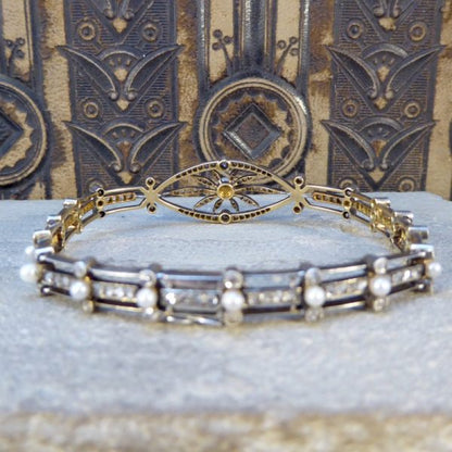 Antique Victorian Diamond and Pearl Panel Bracelet