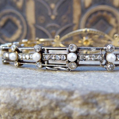 Antique Victorian Diamond and Pearl Panel Bracelet