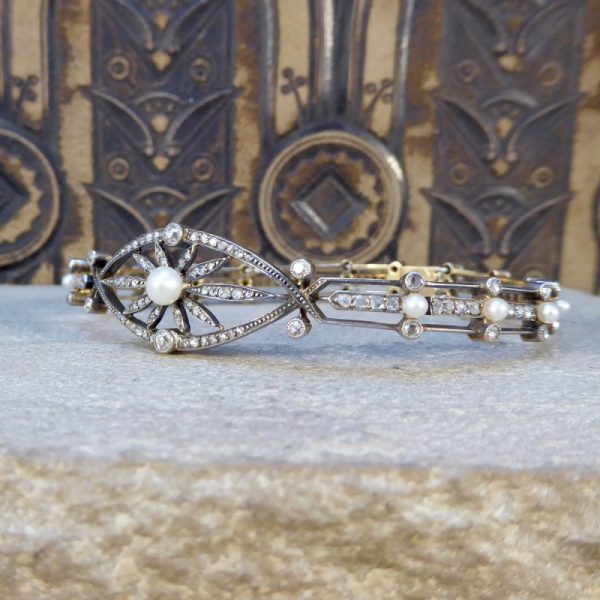 Antique Victorian Diamond and Pearl Panel Bracelet