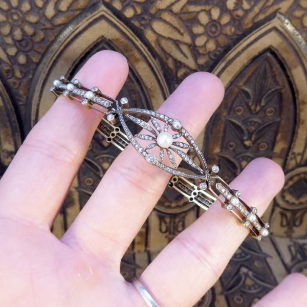 Antique Victorian Diamond and Pearl Panel Bracelet