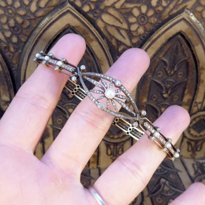 Antique Victorian Diamond and Pearl Panel Bracelet