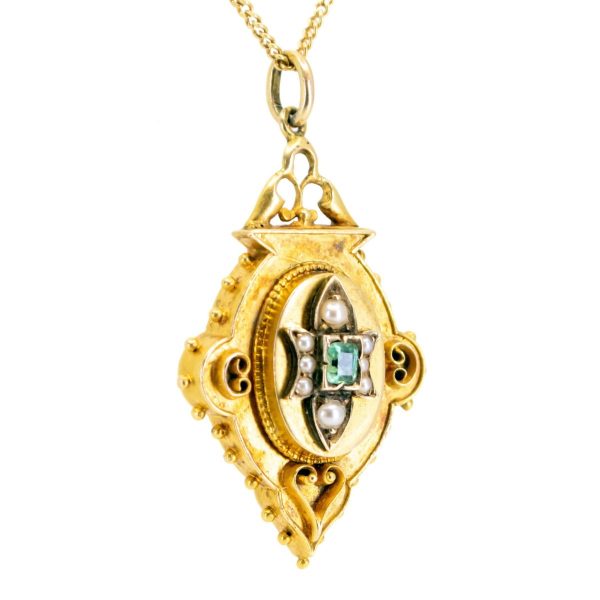 Antique Victorian Emerald & Pearl Gold Pendant