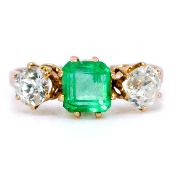 Antique Victorian Emerald and Diamond Three Stone Ring